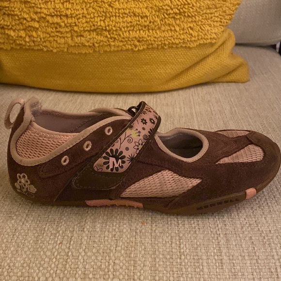 Merrell Brown Suede and Blush Pink Floral Velcro Aqua Lined Girls Size 1 - Picture 5 of 14